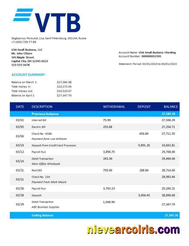 VTB Bank firm account statement